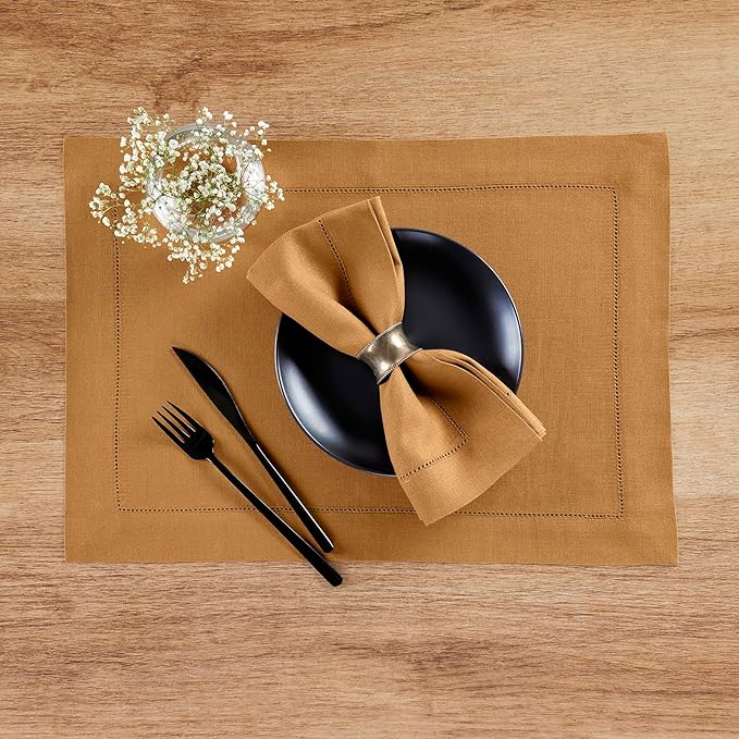 Solino Home Linen Cloth Placemats Set of 4-100% Pure Linen Hemstitch Brown Sugar Placemats 14 x 19 Inch - Classic Hemstitch Table Place Mats for Mothers Day