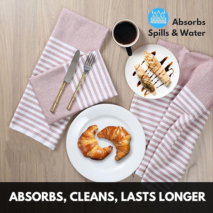 Cloth Napkins 18x18 Inches - Striped Design, 100% Cotton, Reusable & Durable Fabric Napkins for Dining, Everyday Meals, Events, Parties - Machine Washable, Set of 4, Rust