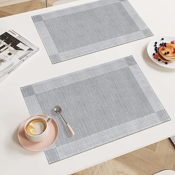 Bloss Placemats Set of 4, Linen Woven Place Mats for Kitchen Table Indoor/Outdoor, 12" x 18" Washable Silver Gray Placemat Dining Table Mats