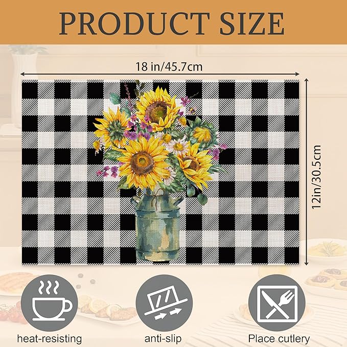 Summer Sunflower Placemats Set of 6,Washable Heat Resistant 12×18 Inch Linen Table Mats Plaid Place Mats for Party Outdoor Dining Decor