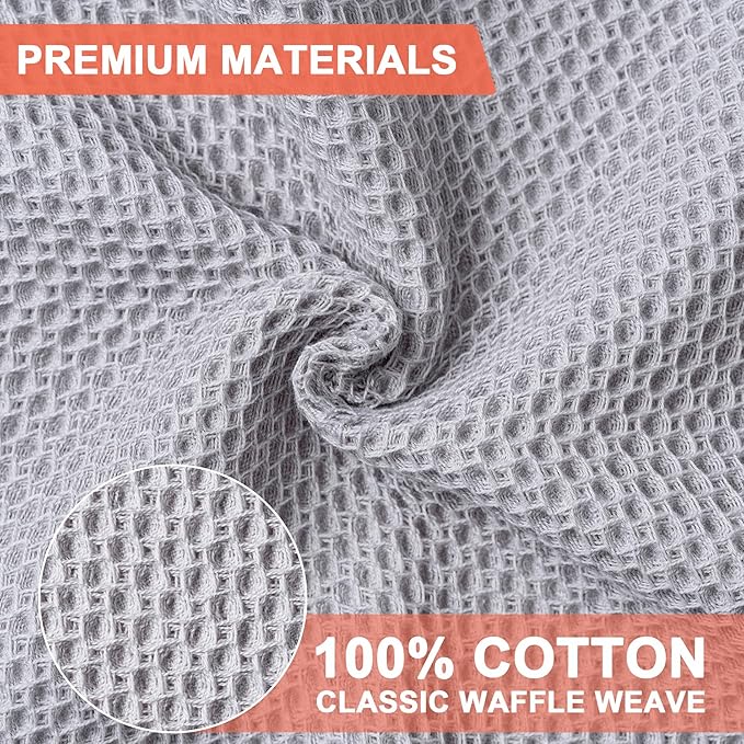 BOOMIBOO 6-Pack Kitchen Dish Cloths, 100% Cotton Waffle Weave, Ultra Soft Absorbent, Quick Drying Dish Towels, 12x12 Inches，Light Grey