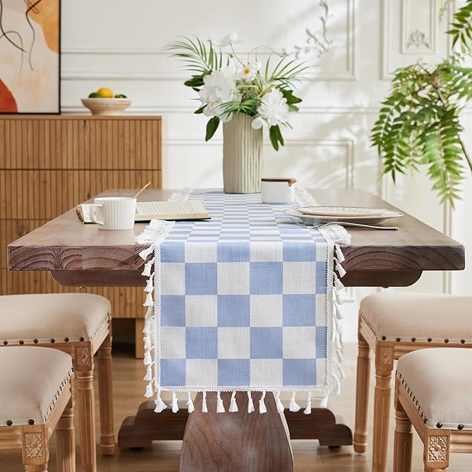 Ohocut Blue Checkered Table Runner with Tassel Farmhouse Rustic Vintage Cute Aesthetic Retro Cotton Linen Table Runner 72 Long for Dinning Race Party Decoration 13''x72''