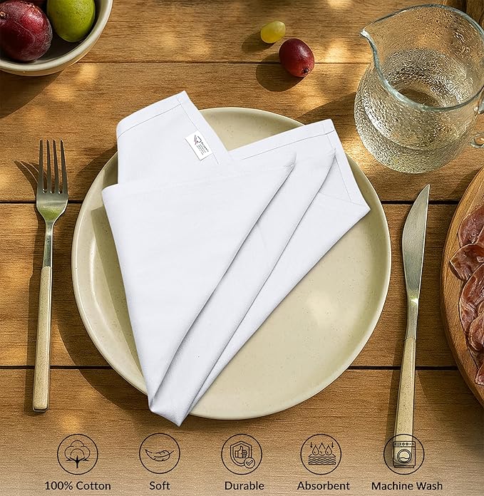 Ruvanti Cloth Napkins Set of 6, 100% Cotton High GSM 18x18 Inches Soft, Washable, Highly Durable & Absorbent, Perfect for Parties, Christmas, Thanksgiving Dinners – White