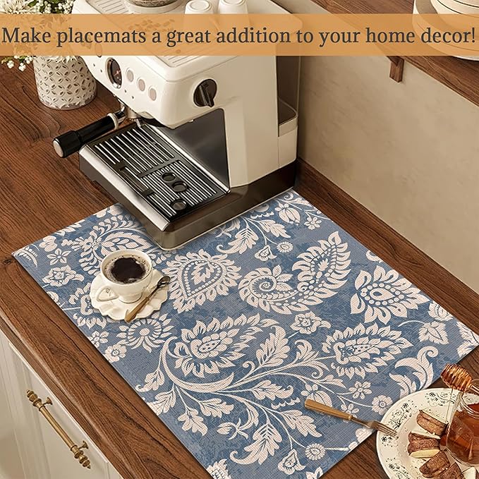 Boho Paisley Floral Placemats Set of 6 Washable Table Mats for Kitchen Dining Table,Heat-Resistant Place Mats for Indoor Outdoor Party Holiday Decoration