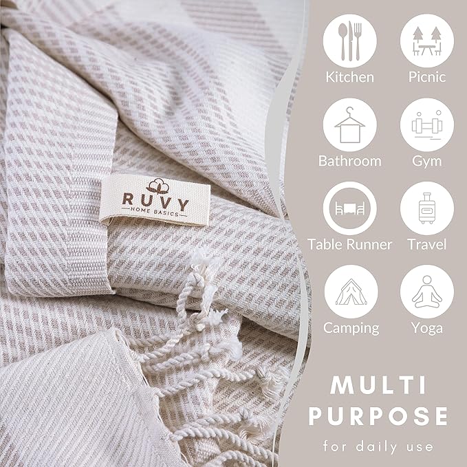 Ruvy Home Basics Turkish Hand Towels for Bathroom Set of 2 | 18"x40", Cotton | Decorative Towel for Bathroom, Kitchen, Dishcloth, Tea, Yoga, Face, Gym - Beige