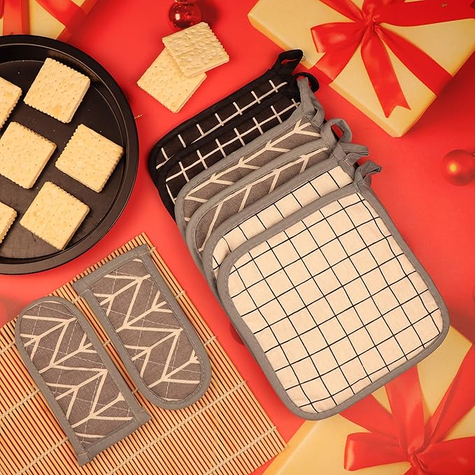 Heat Resistant Potholders Hot Pads-6 Kitchen Pot Holders Set with 2 Pan Hot Handle Holders Trivet for Cooking and Baking,with Recycled Cotton Infill Terrycloth Lining (BlackGreyWhite, 6+2)