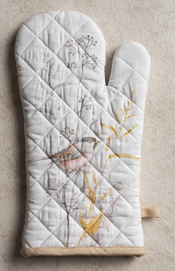 Maison d'Hermine Oven Gloves 100% Cotton Oven Mitt 7" x 13" with Loop Heat Resistant BBQ Cooking Gloves Baking Grilling Gifts for Mothers Day Spring/Summer (Pack of 1, Meadow Florals - Beige)