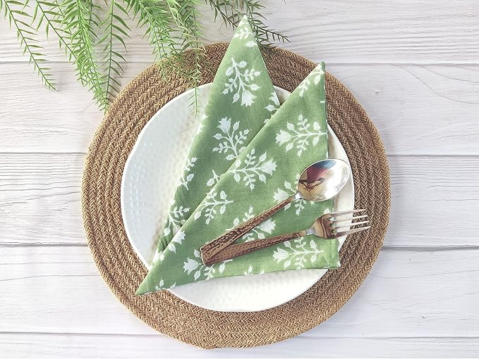 Craftbot Soft Cotton Dinner Napkins 18x18 inches - Washable Thin Cloth Napkins Set of 6 - Everyday Use or Dinner Party and Events - Sage Green Floral Pattern Lightweight Indian Block Print Fabric