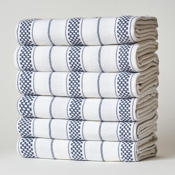 Kitchen Towels Set – Pack of 6 (20’’ x 30’’) Extra Large Premium Cotton Dish Towels for Kitchen – Chain Stripe Towels – Absorbent – 100% Cotton – with Hanging Loop – Blue Grey
