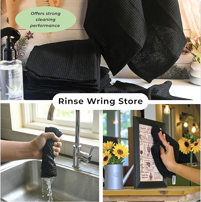 Black Cotton Cleaning Rags For Housekeeping - Trapos Paños De Limpieza Reutilizables - Kitchen Bar Shop Towel Dish Mop Wash Cloth For House Dust - Reusable Washable Absorbent - 13"x13" 12 Pack