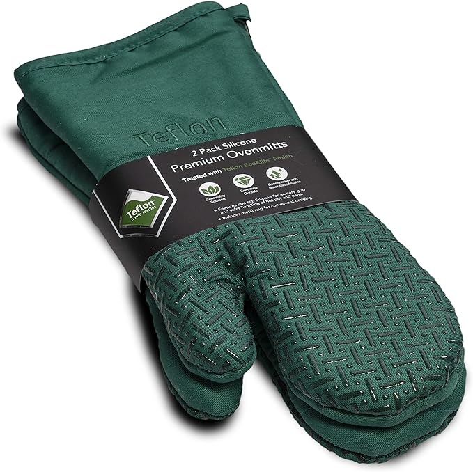 Xlnt Extra Long Oven Mitts (Green) | Teflon EcoElite Water Repellent | Heat Resistant for Oven Cooking, Grill & BBQ | Non Slip Gloves with Teflon EcoElite Finish, Cotton Lining & Hanging Loop