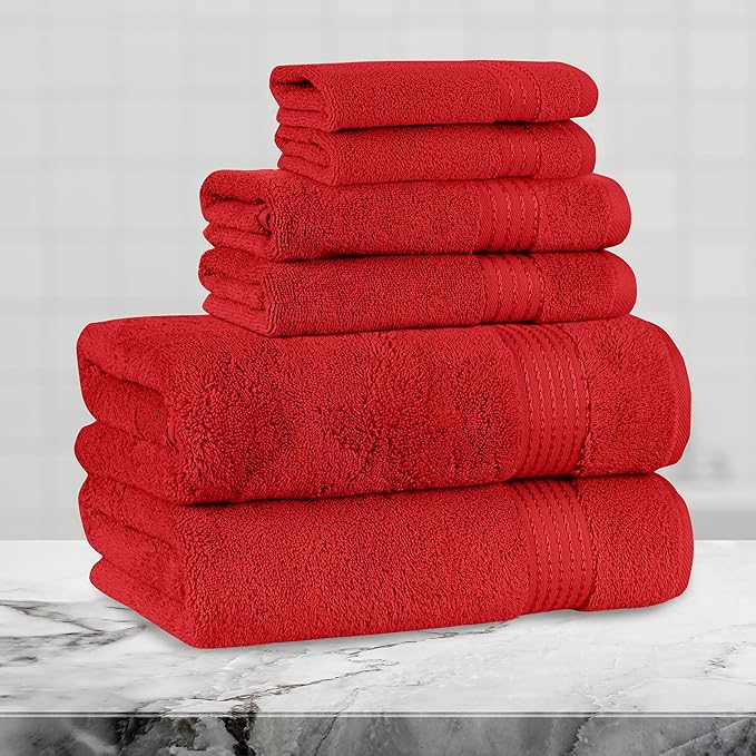 Mocassi Luxury 100% Turkish Cotton 6-Piece Towel Set - Ultra Soft, Quick Dry Highly Absorbent Premium Spa Hotel Quality Bath Towels, Includes 2 Bath Towels, 2 Hand Towels and 2 Washcloths, Red