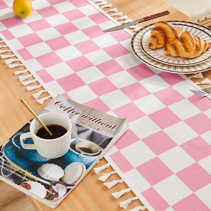 Ohocut Pink Checkered Table Runner with Tassel Farmhouse Rustic Vintage Retro Linen Table Runner 72 Long for Dinning Race Party Decoration 13''x72''