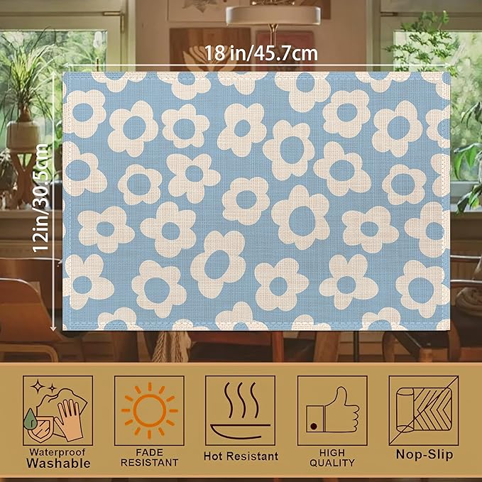 Vintage Groovy Flowers Placemats Set of 6, 12x18 Inch Waterproof Stain Resistant Linen Table Placemats Summer Seasonal Farmhouse Kitchen Party Decor Home Decor