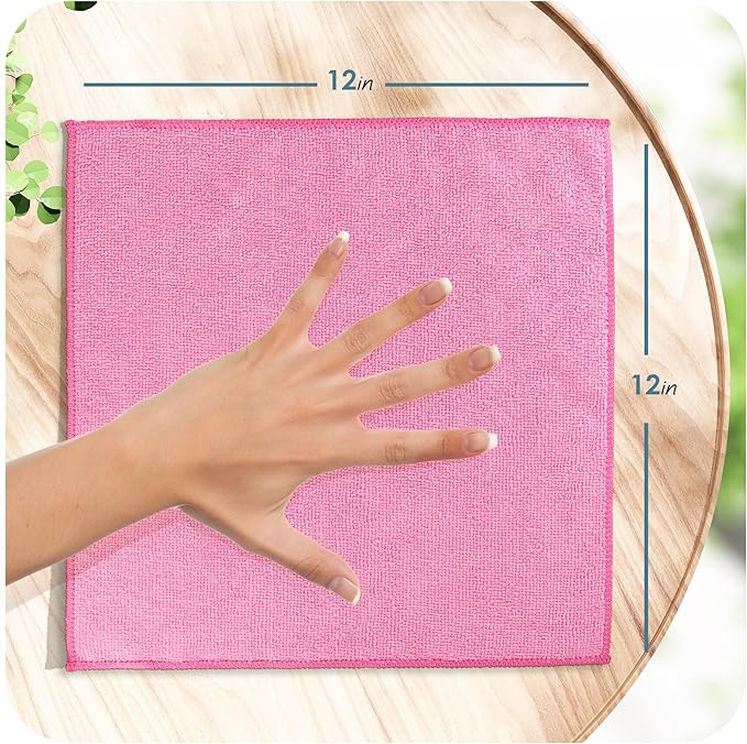 Hearth & Harbor Microfiber Cleaning Cloth, Towels for Cars 144 Pack Washcloths, Pink Rags, Reusable Towel, Cloth Rags Cleaning, Lint Free 12''x12''