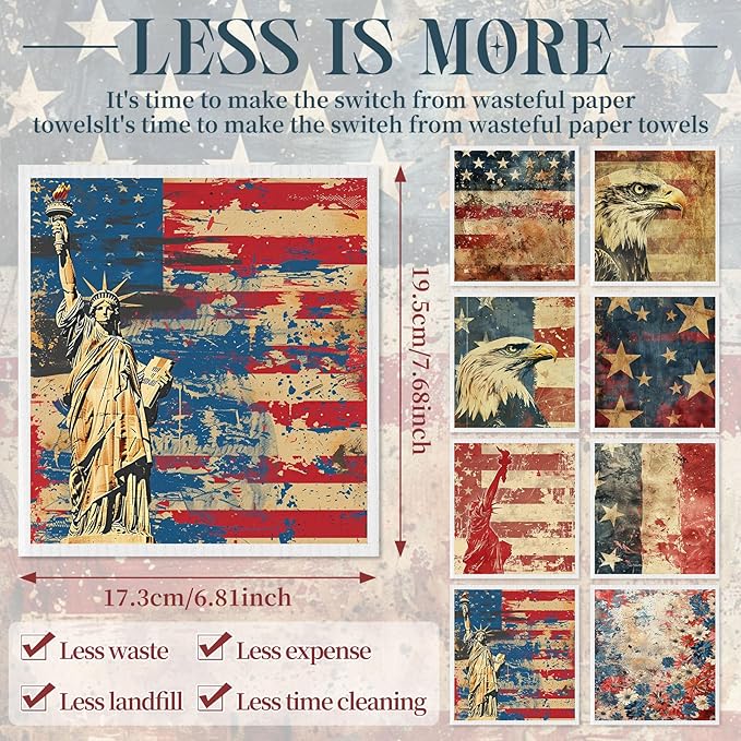 Tegeme 8 Pcs Patriotic Swedish Themed Dishcloth 4th of July American Flag Kitchen Dish Towel Absorbent Cotton Reusable Towel 250 Anniversary for Independence Day Home Party Counter Wipe, 6.8 x 7.7''