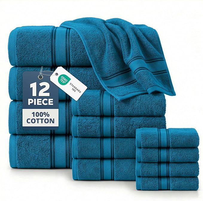 LANE LINEN Luxury Bath Towels Set - 12 Piece, 100% Cotton, Zero Twist, Super Soft & Absorbent, 4 Bath Towels, 4 Hand Towels, 4 Washcloths - Sea Port