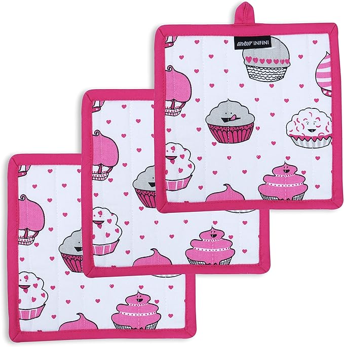 AMOUR INFINI Heat Resistant Pot Holders Set of 3 Nonslip Multipurpose Hot Pads for Cooking and Baking (Valentine Cup Cake - 8x8 Inches)
