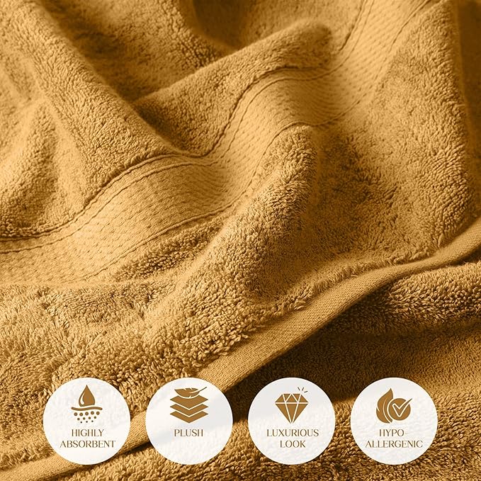 Superior Egyptian Cotton Pile 6-Piece Towel Set, Includes 2 Bath, 2 Hand, 2 Face Towel/Washcloth, Heavyweight, Ultra Soft Luxury Towels, Thick Plush Essentials, Guest Bath, Spa, Hotel Bathroom, Gold