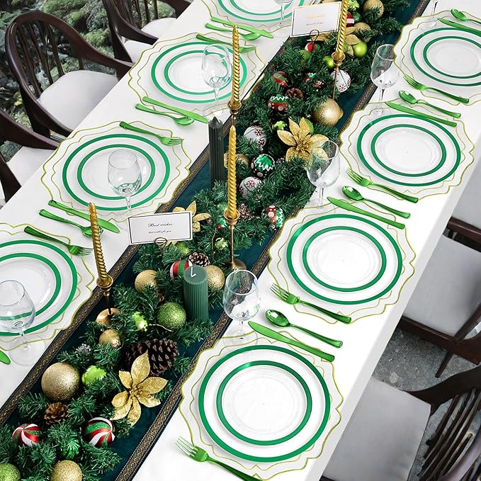 8 Sets Ribbon Twirl Cotton Linen Placemats, 15 inch Embroidery Scalloped Round Cloth Table Mats Washable Fabric Place Mats for Wedding Baby Shower Banquet Party Holiday Table Decor-White and Green