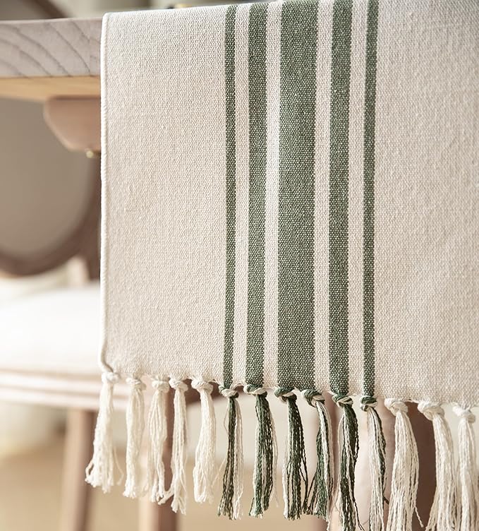 Caflife Boho Table Runner for Modern Farmhouse Decor, Dining Table décor 13 x 60 Inch Long with Handcrafted Tassels, Green and Beige Stripe Table Runner for Home Boho décor
