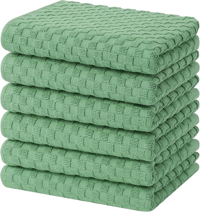 Homaxy 100% Cotton Terry Kitchen Towels(15" x 25", 6 Pack), Soft and Super Absorbent Dish Towels, 380 GSM Reusable Tea Towel with Hanging Loop, Pineapple Grid Designed, Grass Green