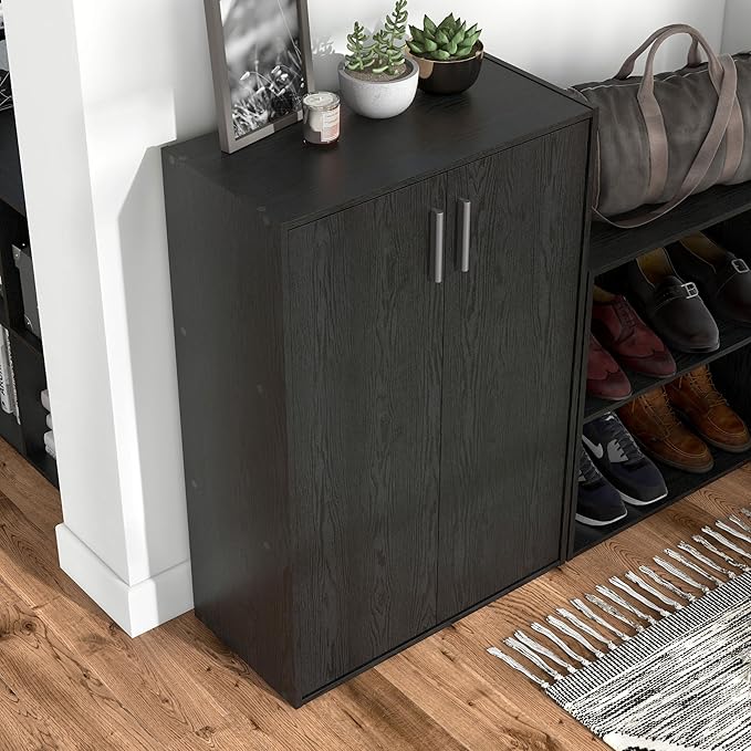 Homes: Inside + Out Apexa 3-Tier Stackable Wood Bookcase with Doors, Cube Storage Organizer Shelves, Small Food Pantry Cabinet, Dorm Teen Room Decor & Bedroom, Home Office, Kitchen, Black