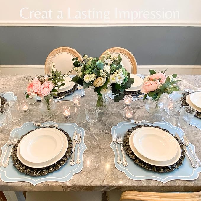 Cotton Linen Placemats Set of 4 - Double Layered, Machine Washable, Scalloped & Embroidered Cloth Table Mats - Wedding, Spring, Summer Mat, 19 x 17 inch, Light Blue