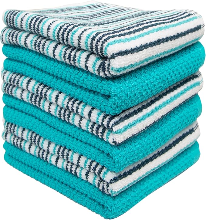 Kitchen Towels 16”x 26” - 6 Pack | Large Cotton Kitchen Hand Towels | Dish Towels | Popcorn Stripe Design | 430 GSM Highly Absorbent Tea Towels Set with Hanging Loop | Dish Towels for Kitchen | Aqua