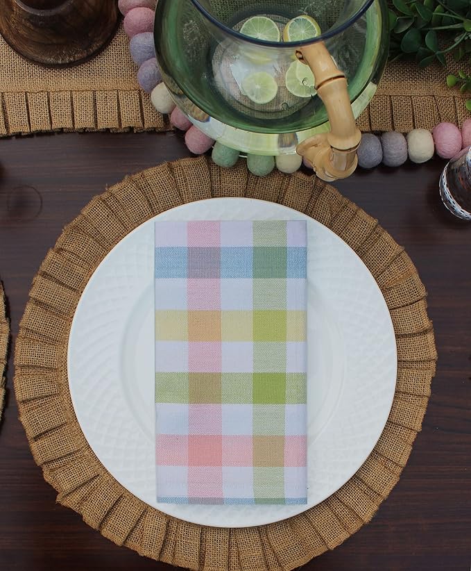 COTTON CRAFT Gingham Buffalo Plaid Check Napkins - Spring Easter Bunny Pastel Luncheon Dinner - Set of 8 - Pure Cotton - Reusable Washable - 17 x 17 inches - Yellow Multi Pastel