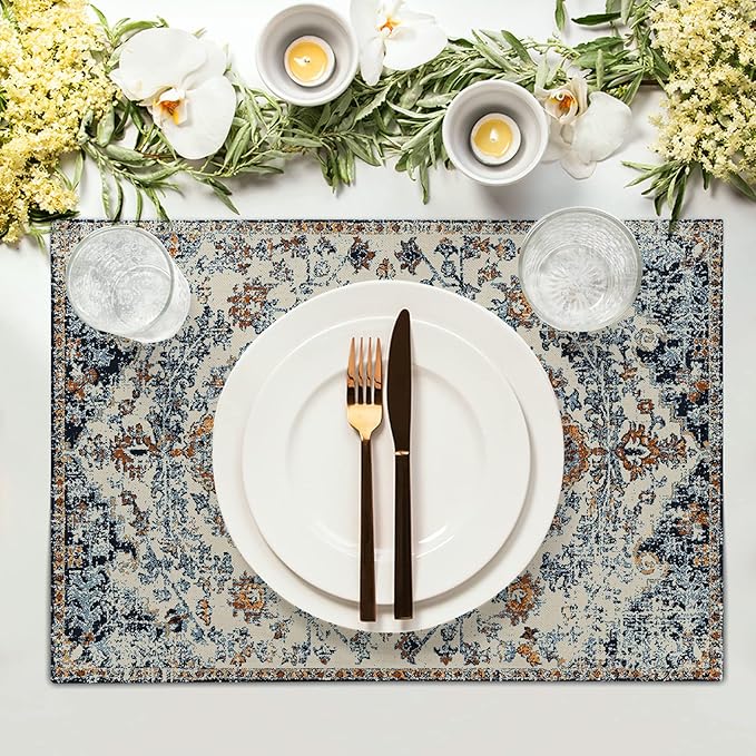 aportt Brown Navy Blue Ethnic Boho Placemats Set of 4 Bohemian Carpet Vintage Gold Black Tan Floral Linen Washable Kitchen Dining Table Mats Stain Heat-Resistant Desktop Place for Home Party 12x18 in