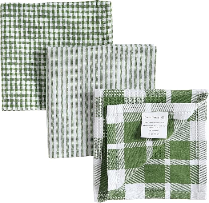 LANE LINEN 100% Cotton Kitchen Dish Cloths, Ultra Soft Absorbent Quick Drying Dish Towels, Multiweave Wash Cloths Dish Towel Sets, 12x12 Inches, 12 Pack - Olive