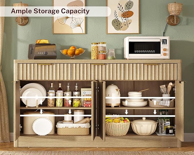 usikey Large Buffet Cabinet with Storage & Drawers, Sideboard Cabinet with 2 Adjustable Shelves & 4 Doors, Coffee Bar Station, Kitchen Storage Cabinets, Natural