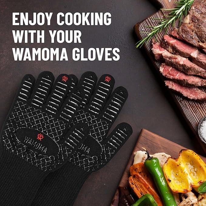 Long Sleeve Heat Resistant Grill Gloves - Medium Grilling Gloves for BBQ with Silicone Grip, Comfortable Cotton Lining for Barbeque, Baking, Oven Gloves with Fingers for Meat