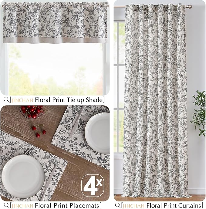 JINCHAN Linen Floral Placemats Set of 4 Cloth Table Mats Rustic Cottagecore Botanical Outdoor Seasonal for Kitchen Dining Table Decor Non-Slip Washable Tablemats 13x19 Inch Black