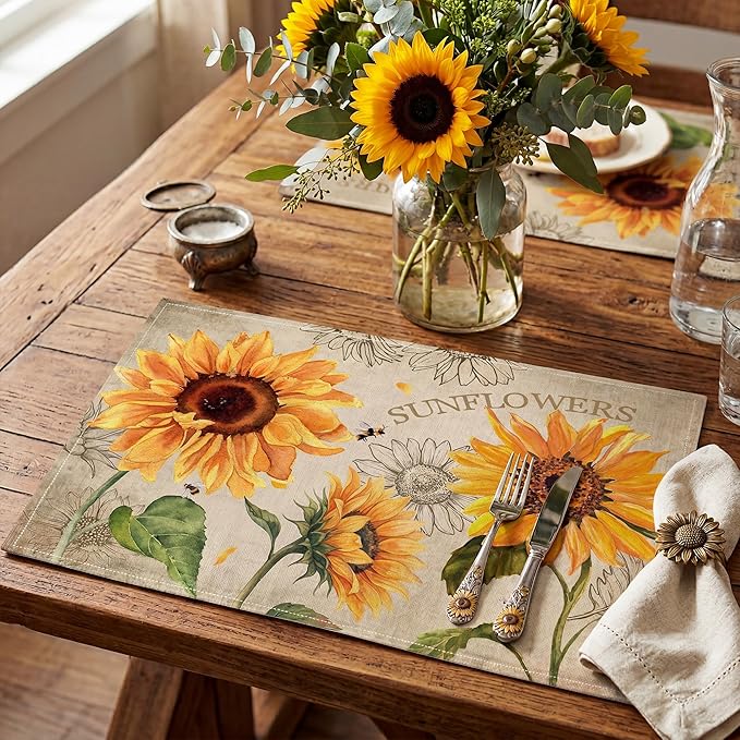 Sunflower Linen Placemats Set of 4, 12x18 Inch Farmhouse Spring Summer Sunshine Table Mats, Washable Table Decor for Kitchen Dining Indoor Outdoor Party Holiday