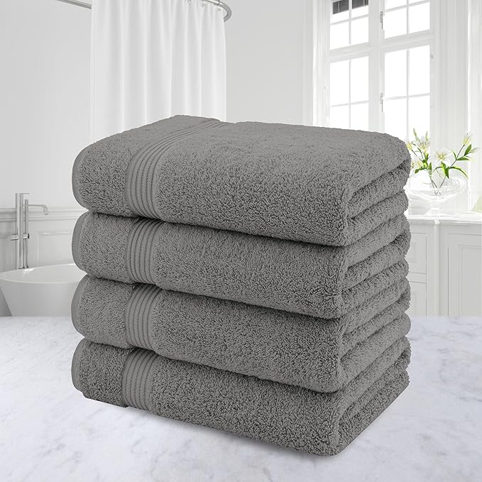 American Veteran Towel, Turkish Bath Towels for Bathroom 4 Pack, 27x54 Extra Large Premium Soft Drying Bathroom Towels, Light Gray