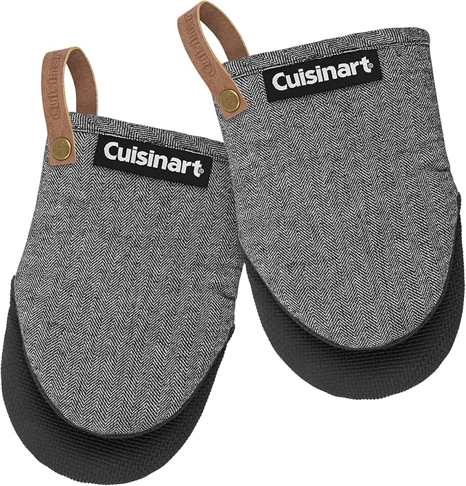 Cuisinart Heritage Mini Oven Mitts – 5.5” x 7” Heat-Resistant Kitchen Mitts for Oven with Non-Slip Neoprene Palm, Cotton Filling, and Faux Leather Loop – Durable Oven Mitt Set for Cooking & Baking