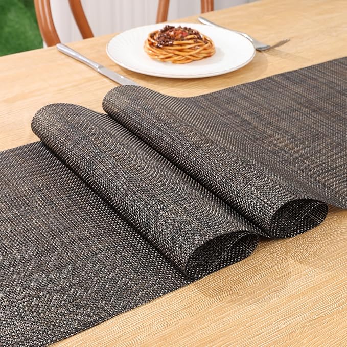 SHACOS Woven Vinyl Table Runner 12 x 54 inch Wipeable Plastic Table Runners Heat Resistant Runner for Table Indoor Outdoor, Black Brown
