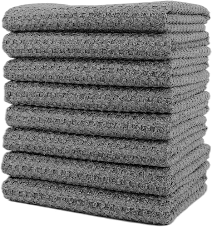 POLYTE Ultra Premium Microfiber Kitchen Dish Hand Towel Waffle Weave, 8 Pack (16x28 in, Gray)