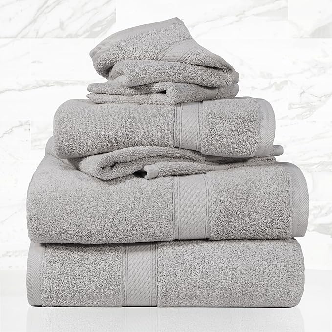 SUPERIOR Solid Egyptian Cotton Towel Set, Washcloths 13” x 13”, Hand Towels 20” x 30”, Bath Towels 30” x 55”, Silver, 6-Pieces