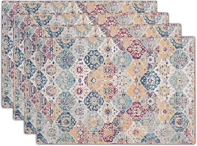 aportt Ethnic Boho Placemats Set of 4 Bohemian Carpet Vintage Rust Coral Floral Carpet Linen Washable Kitchen Dining Table Mats Stain Heat-Resistant Desktop Decor Place Mats 12x18 in