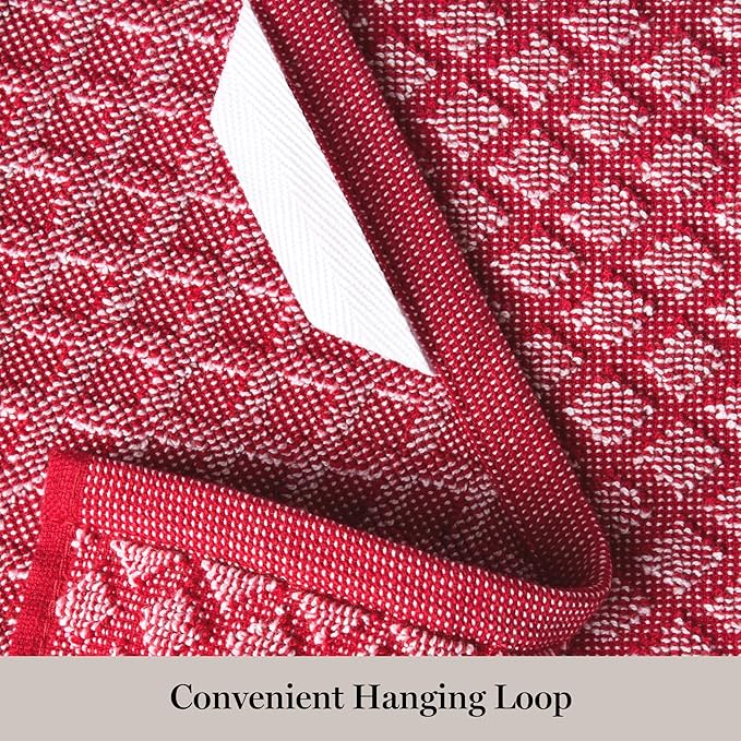Martha Stewart Honeycomb Chambray Textured Kitchen Towel 4-Pack Set, 100% Cotton with Absorbent Terrycloth, Decorative Kitchen Towels, Red, 16"x28"
