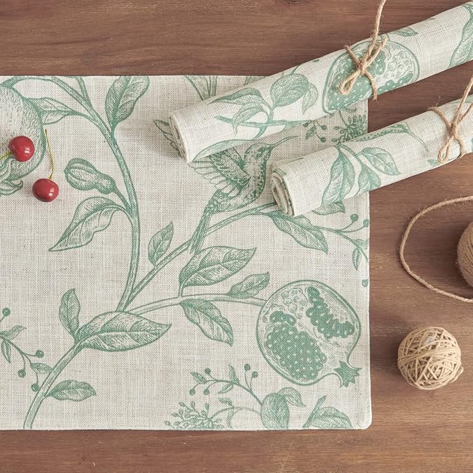 JINCHAN Linen Floral Placemats Set of Cloth Table Mats Rustic Cottagecore Botanical Outdoor Seasonal for Kitchen Dining Decor Heat Resistant Non-Slip Washable Tablemats 13x19 Inch Sage Green