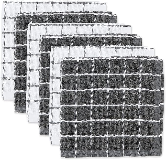 DII Basic Terry Collection Windowpane Dishcloth Set, 12x12, Gray, 6 Piece