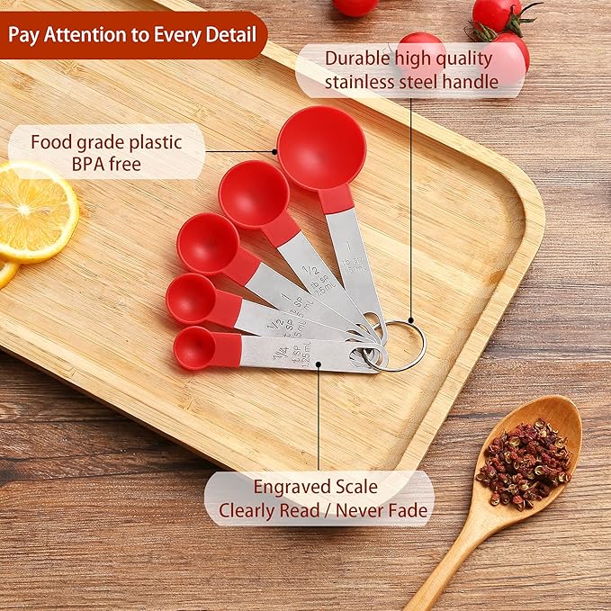 Measuring Cups and Spoons Set of Huygens Kitchen Gadgets 10 Pieces, Stackable Stainless Steel Handle Measuring Cups for Measuring Dry and Liquid Ingredient (Red)