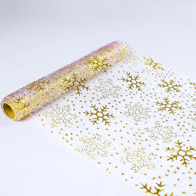 Snowkingdom Christmas Snowflake Gold Table Runner 11 Inch x 49 Feet Sparkly Gold Foil Glitter Metallic Mesh Runners Dining Table Decorations for Seasonal Winter Xmas Festival Holiday Home Party