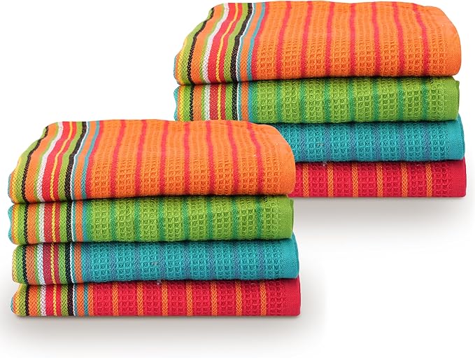 TEXAS LINEN CO. Kitchen Dish Towels, 100% Cotton Salsa Towels, Set of 8 (16x28 Inches), Multi Purpose Cooking Drying Restaurant Bar Cleaning Cloth Napkin, Highly Absorbent, Lint Free, Multi-Color