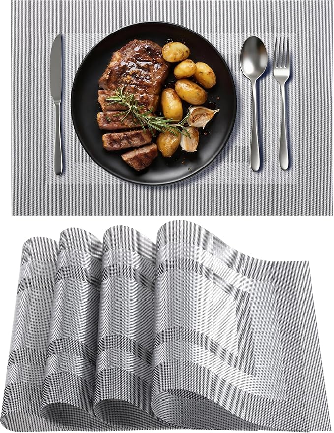 Timeet Gray Placemats Set of 4, Heat Resistant Non-Slip Place Mats, Durable Washable PVC Vinyl Woven Table Mats, Wipeable Placemats for Dining Table Easy to Clean