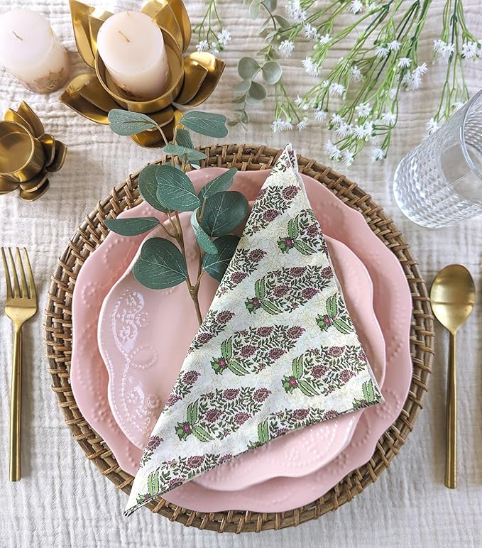 Craftbot Soft Cotton Dinner Napkins 18x18 inches - Washable Thin Cloth Napkins Set of 6 - Everyday Use or Dinner Party and Event - Beige with Green Floral Pattern LIGHTWEIGHT Indian Block Print Fabric